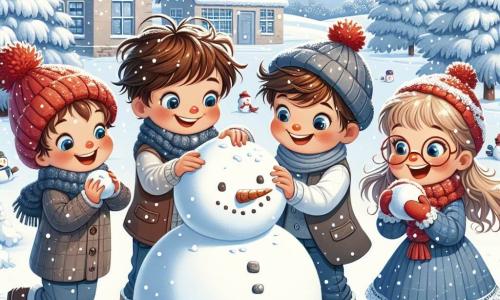 Dans une cour d'école enneigée, quatre enfants s'amusent à construire des bonhommes de neige. Lucas, 8 ans, roule une grosse boule de neige, concentré et souriant. À côté, Emma, 7 ans, ajoute des cailloux pour faire le sourire. Max, 9 ans, lance une boule de neige en riant, prêt pour une bataille amicale. Léa, 6 ans, observe les flocons de neige en tenant une branche pour décorer. La scène est entourée de sapins chargés de neige, avec des collines blanches et un ciel bleu. Les enfants s'affairent à créer le plus beau bonhomme de neige du village, partageant rires et histoires.