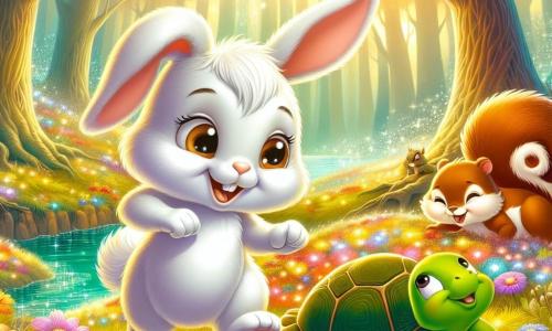 Léo, un petit lapin au pelage blanc éclatant et aux grandes oreilles, saute joyeusement dans un champ de fleurs colorées, ses yeux pétillants et un sourire sur le visage. À ses côtés, Tia, une tortue à la carapace verte, avance lentement en l'admirant. Sacha, un écureuil espiègle aux poils roux, grimpe sur une branche en riant et encourage Léo. La scène se déroule dans une forêt enchantée, sous une lumière dorée, avec des arbres majestueux et des fleurs dansantes. Au loin, un ruisseau murmure des histoires, ajoutant de la magie. Ensemble, Léo, Tia et Sacha découvrent une clé en or dans un buisson, marquant le début de leur aventure magique et l'exploration de leur amitié.