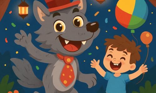 Un loup-garou amusant au pelage gris et aux yeux malicieux se tient au centre de l'image, souriant avec des dents blanches et pointues. Il porte un chapeau haut de forme rouge et une cravate à pois, dansant sur deux pattes. À ses côtés, Tom, un garçon de 8 ans aux cheveux bruns en bataille et en t-shirt bleu, rit tout en tenant un ballon coloré, les bras levés en signe d'encouragement. En arrière-plan, une clairière enchantée est illuminée par des lanternes suspendues, avec des fleurs colorées et des étoiles brillantes dans le ciel nocturne. La scène montre le loup-garou et Tom célébrant une fête joyeuse, entourés de rires et de musique, avec des confettis flottant dans l'air.