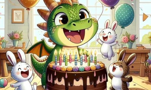 Mimi, le gentil dragon, est un petit dragon vert avec des écailles brillantes et des yeux pétillants de joie. Il sourit en regardant un énorme gâteau au chocolat décoré de bougies colorées. Autour de lui, trois lapins aux grandes oreilles, un blanc, un brun et un tacheté, sautent de joie, tenant des ballons colorés. Le décor est une cuisine charmante avec des guirlandes de fleurs et une grande table en bois où se trouve le gâteau. Des rayons de soleil illuminent la pièce. Mimi célèbre son anniversaire entouré de ses amis, tous chantant « Joyeux anniversaire ! » dans une atmosphère festive et magique.