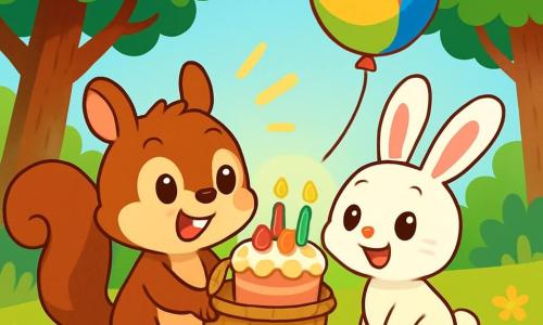 Pistache l'écureuil, un petit rongeur aux poils bruns et doux, avec de grands yeux pétillants, tient un panier en osier rempli de surprises d'anniversaire. Il est debout sur ses pattes arrière, enthousiaste. Lila la lapine, avec sa fourrure blanche et ses grandes oreilles, se tient à côté de lui, curieuse et souriante. La scène se passe dans une clairière ensoleillée, entourée d'arbres verts et de fleurs colorées. Pistache révèle un gâteau d'anniversaire décoré, tandis qu'un ballon coloré flotte au-dessus d'eux. Lila, émerveillée, s'approche du gâteau pour célébrer son anniversaire avec son ami.