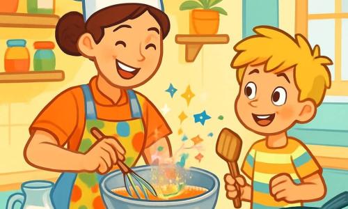 Chef Lucie, une femme joyeuse d'une trentaine d'années avec de longs cheveux bruns en chignon, porte un grand chapeau blanc et un tablier coloré. Elle bat des œufs dans un bol en métal, tandis que Tom, un petit garçon de 8 ans aux cheveux blonds en bataille, l'observe avec émerveillement, tenant une spatule en bois. La scène se déroule dans une cuisine spacieuse aux murs jaunes pastel, avec des étagères remplies de bocaux colorés et un plan de travail couvert de fruits et légumes. Lucie et Tom s'amusent à préparer un gâteau magique, mélangeant des ingrédients colorés dans le bol, accompagnés de rires.