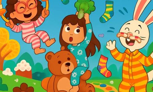 Il y a 3 personnages : Lila, une fille de 8 ans avec des cheveux bouclés et des lunettes rondes, suspendue à un lustre, souriante ; Zoé, également âgée de 8 ans, avec des cheveux lisses, assise sur un ours en peluche géant, surprise, tenant un doudou brocoli ; et un grand lapin anthropomorphe en pyjama à rayures, riant et gesticulant, entouré de chaussettes volantes. L'action se déroule dans un jardin féerique rempli de bonbons, avec des arbres en gaufrettes et des fleurs en chocolat. Lila et Zoé s'amusent à attraper des chaussettes volantes qui chantent, tandis que le lapin-pyjama les invite à une course, créant une ambiance joyeuse et colorée.