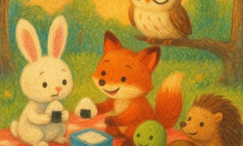 Lila, petite lapine blanche aux grandes oreilles roses, hésite puis goûte un onigiri, Samir, renard roux au pelage lumineux, lui tend sa boîte de riz en souriant, Tara, tortue verte au dos marron, observe calmement assise au bord de la nappe, Mino, hérisson brun aux piquants arrondis, rit doucement, la maîtresse chouette au plumage crème et lunettes veille depuis une branche, le tout lors d’un pique-nique au crépuscule dans une clairière aux arbres texturés, herbe et fleurs jaunes, sur une nappe à carreaux rouge et blanc, ambiance chaleureuse et pastel de partage et de joie.
