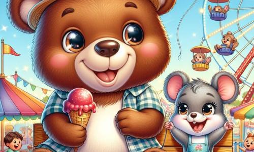 Un ours brun nommé Oscar, souriant et pétillant, est assis sur un banc dans un parc d'attractions. Il porte un chapeau de paille et tient une glace à la fraise qui fond au soleil. À côté de lui, une petite souris nommée Lila, avec un pelage gris et des yeux brillants, saute de joie en tenant un ballon rouge. Le parc est coloré avec des manèges, des lumières et des tentes multicolores. Des enfants jouent autour d'eux, tandis qu'une grande roue se dresse en arrière-plan. Oscar et Lila partagent un moment de bonheur, savourant leur glace et admirant les attractions.