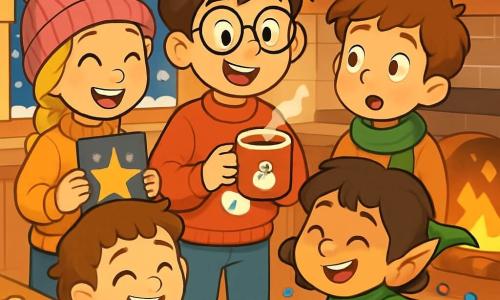 Quatre enfants sont présents : Maxime, 10 ans, avec des cheveux châtains en bataille et des lunettes rondes, porte un pull rouge avec un bonhomme de neige et tient une tasse de chocolat chaud. Élodie, 9 ans, a de longs cheveux blonds tressés et un bonnet rose, souriant avec une carte étoilée à gauche de Maxime. Hugo, 8 ans, avec des cheveux bruns et des taches de rousseur, porte une écharpe verte et observe curieusement à droite de Maxime. Léa, 7 ans, a des cheveux bouclés et un pull bleu avec des flocons de neige, riant devant des confettis à droite d'Hugo. La scène se déroule dans une cuisine chaleureuse, décorée de guirlandes lumineuses et de biscuits de Noël, avec de la neige tombant à l'extérieur. Les enfants découvrent un lutin farceur qui s'est glissé pour boire du chocolat chaud, provoquant surprise et rires, tandis que le lutin s'éclipse en laissant des confettis colorés.