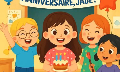 Quatre enfants célèbrent l'anniversaire de Jade, une fille de 8 ans avec de longs cheveux bruns et une robe rose à pois blancs, tenant un gâteau décoré de bougies. À gauche, Léa, également âgée de 8 ans, a des cheveux blonds tressés et porte un t-shirt bleu, elle lève les bras avec enthousiasme. À droite, Emma, avec des cheveux roux et une robe verte à fleurs, tient un ballon rouge en forme d'étoile. Lou, avec des cheveux noirs en couettes, est légèrement en arrière, prête à peindre une carte d'anniversaire. La scène se déroule dans une salle de classe colorée, décorée pour l'occasion, où les enfants rient et s'amusent dans une atmosphère festive.