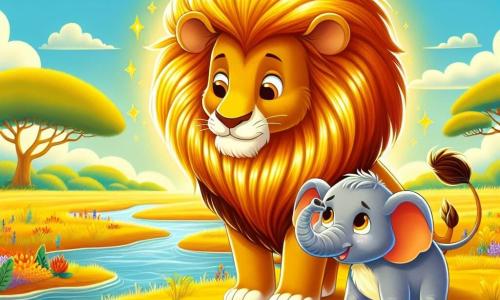 Un lion nommé Léon, avec une crinière dorée, se tient au bord d'un ruisseau, affichant une expression douce. À ses côtés, un petit éléphant nommé Émile, aux grandes oreilles, le regarde avec des yeux pleins d'espoir, essuyant une larme. En arrière-plan, une savane dorée s'étend, parsemée de fleurs colorées et d'arbres, sous un ciel bleu. La scène montre Léon et Émile se réconfortant, Léon posant une patte amicale sur l'épaule d'Émile, cherchant ensemble la maman d'Émile, créant une atmosphère chaleureuse et amicale.