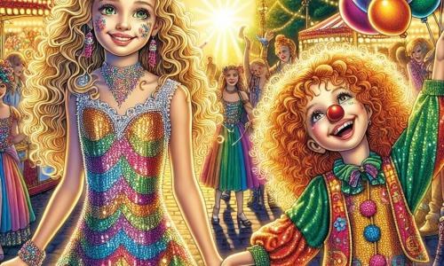 Célia, 12 ans, aux cheveux bouclés et dorés, danse avec un grand sourire dans une robe à paillettes colorées qui scintille au soleil. À ses côtés, Lila, 11 ans, avec des cheveux ébouriffés et un nez rouge de clown, jongle joyeusement avec des ballons colorés, sa tenue multicolore ajoutant à l'ambiance festive. Le décor du carnaval est vibrant, avec des guirlandes lumineuses, des stands de friandises colorées et des musiciens jouant des airs entraînants. Célia et Lila, main dans la main, s'apprêtent à participer à un spectacle de jonglage, entourées de rires et de musique, illustrant l'esprit de l'amitié et la magie du carnaval.