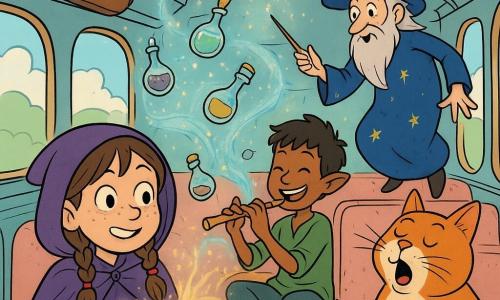 Lila, apprentie sorcière de 7 ans, regarde la fenêtre les yeux écarquillés et un sourire gêné, coiffée de tresses nouées de rubans et d’une petite cape violette à capuche, tenant un grimoire ouvert qui jette des étincelles tandis qu’elle tente maladroitement un sort qui fait léviter son sac en cuir et quelques potions attirés par de petits tourbillons de lumière bleuâtre; Filo, un elfe joueur en tunique verte, est assis à côté d’elle en jouant de la flûte et riant doucement, le chat parlant Moustache, gros roux aux moustaches blanches, bâille et observe narquois sur un siège proche, et un vieux magicien conducteur d’environ 70 ans flotte dans l’allée en brandissant sa baguette, vêtu d’une longue robe étoilée et d’un chapeau pointu pour stabiliser le tramway des nuages — intérieur aux banquettes en velours pastel, fenêtres ovales montrant collines et nuages de coton, plafonnier scintillant et bagages aux crochets — alors que le tram tangue doucement dans un nuage de paillettes, quelques objets lévitent, des lignes de mouvement soulignent l’action et l’atmosphère reste ensorcelante et joyeuse.