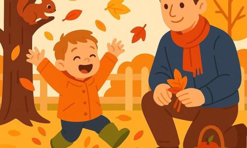 Garçon de 2 ans, joyeux, cheveux châtain clair courts, en manteau orange et bottes vertes saute en riant dans un tas de feuilles qui craquent; le père (~35 ans) à côté, sourire doux, veste bleue et écharpe rouge, ramasse des feuilles et tient un petit panier avec une pomme; un petit écureuil brun grimpe sur le tronc d’un grand arbre à gauche et regarde depuis une branche basse; jardin d’automne aux feuilles jaunes, rouges et orange, clôture en bois clair en arrière-plan; formes simples, silhouettes nettes, couleurs chaudes, contours lisses et peu de détails pour rester lisible par un enfant.