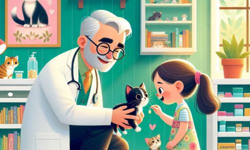 Monsieur Hugo, vétérinaire d'une quarantaine d'années, souriant et portant des lunettes rondes, examine un petit chat noir nommé Minou, accroupi avec une expression douce. Clara, une petite fille de 8 ans aux cheveux bruns en couettes et vêtue d'une robe colorée à fleurs, tient Minou dans ses bras et regarde Monsieur Hugo avec émerveillement. Le cabinet vétérinaire est lumineux et accueillant, avec des murs verts pastel et des jouets éparpillés. La scène principale montre Monsieur Hugo examinant Minou, tandis que Clara lui donne un médicament avec une cuillère, créant une atmosphère joyeuse et aimante.