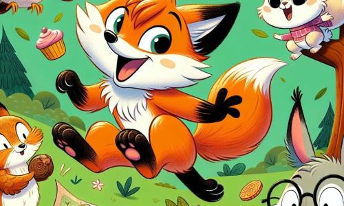 Au centre de l'image, un renard nommé Félix, avec une fourrure orange vif, saute de joie en tenant une carte de chasse au trésor. À sa droite, Lila, une lapine aux grandes oreilles et fourrure blanche, fait des sauts de joie en tenant des gâteaux. À gauche, Oscar, un hibou aux plumes brunes, est perché sur une branche, lisant une carte. Max, un blaireau noir et blanc, est assis par terre, riant après avoir trébuché. La scène se déroule dans une forêt ensoleillée, avec de grands arbres et des rayons de lumière filtrant à travers le feuillage. Les quatre amis sont réunis autour d'un vieux tronc d'arbre, riant et partageant des bonbons, prêts pour leur chasse au trésor.