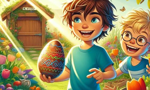 Cédric, un garçon de 11 ans aux cheveux châtains en bataille et souriant, se tient au centre de l'image, tenant un grand œuf en chocolat coloré. À ses côtés, son ami Lucas, également âgé de 11 ans, aux cheveux blonds et lunettes rondes, rit en pointant un potager rempli de légumes colorés. Le jardin de M. Dupont est luxuriant, avec des fleurs multicolores, des tulipes géantes et des arbres fruitiers. Au fond, une cabane en bois est visible, entourée de papillons. La scène montre Cédric et Lucas découvrant un trésor caché, tandis que Pipo, un petit lapin malicieux, les observe depuis une branche.