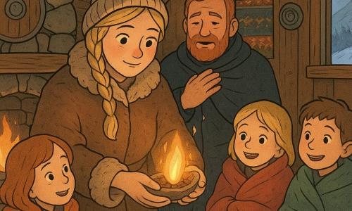 Ingrid, visage bienveillant et déterminé, cheveux blonds tressés sous un bonnet et manteau en peau, tient une petite braise dorée dans un coquillage de bois devant un vieux foyer en pierre; Olaf, homme à la barbe rousse courte et cape sombre, se tient derrière elle, main sur le cœur, soulagé; trois enfants emmitouflés sourient émerveillés autour du foyer; maison viking en bois avec poutres, peaux et tissages, fenêtre sur la neige et montagnes; la braise rallumée éclaire doucement les visages de lueurs dorées, ambiance chaleureuse aux tons chauds et bleus froids, textures de laine et de bois visibles.