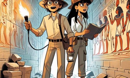 Au premier plan, Lucas, un homme d'une trentaine d'années avec des lunettes rondes et des cheveux en bataille, exprime une excitation palpable. Il porte une chemise beige et un chapeau de paille, tenant une lampe torche et un carnet, prêt à explorer. À ses côtés, Amina, une égyptologue d'environ 25 ans avec des cheveux longs attachés, observe attentivement des fresques anciennes. Elle est vêtue d'un t-shirt léger et d'un pantalon cargo, prenant des notes avec enthousiasme. L'action se déroule dans un passage secret d'un tombeau égyptien, où les murs sont ornés de fresques colorées représentant Nefertiti, éclairées par la lampe de Lucas, tandis que des débris de pierre jonchent le sol, témoignant des fouilles récentes. Lucas et Amina découvrent des fresques magnifiques, réalisant l'importance de leur trouvaille dans une atmosphère de mystère et d'aventure.