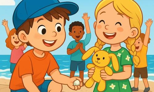 Un garçon de 6 ans, Tom, avec des cheveux bruns en bataille et un grand sourire, porte un chapeau bleu qui cache un peu ses yeux. Il est accroupi sur la digue, tenant un petit caillou blanc, les yeux brillants d'excitation. À côté de lui, une fille de 6 ans, Émilie, avec des cheveux blonds tressés et une robe verte à fleurs, regarde son doudou jaune retrouvé, le visage joyeux. En arrière-plan, la digue est bordée de vagues scintillantes sous un ciel bleu clair avec quelques nuages. Des mouettes volent au-dessus, ajoutant de la vie à la scène. Tom et Émilie, entourés d'enfants du village, célèbrent la découverte du doudou perdu avec rires et applaudissements, créant une atmosphère de joie.