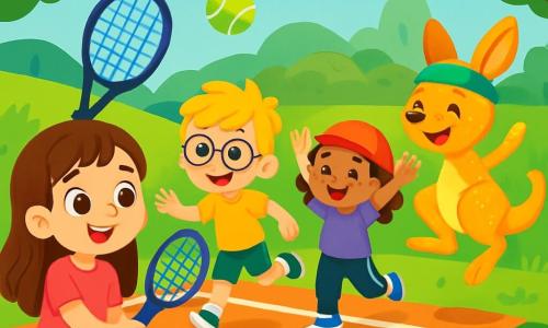 Il y a quatre personnages : Léa, une fille de 6 ans avec de longs cheveux bruns, un t-shirt rose et une jupe bleue, souriante avec une raquette de tennis ; Tom, un garçon de 6 ans aux cheveux blonds en bataille et lunettes, portant un short vert et un t-shirt jaune, courant vers la balle ; Ana, une fille de 6 ans avec des cheveux bouclés et une casquette rouge, vêtue d'un t-shirt violet et d'un pantalon de sport noir, levant les bras pour encourager ; et Jumpie, un petit kangourou magique avec une fourrure scintillante, un bandeau de sport, sautant joyeusement autour d'eux. L'action se déroule dans un parc ensoleillé avec un court de tennis au centre, entouré de collines verdoyantes et d'arbres majestueux. Les enfants jouent au tennis, Léa frappe la balle, Tom court pour la rattraper et Ana les encourage, tandis que Jumpie ajoute une touche magique à leur jeu.