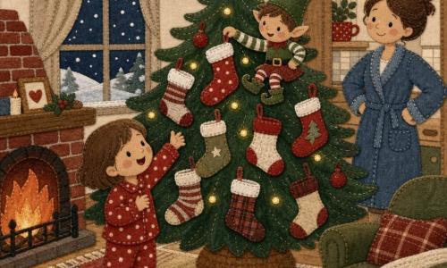 Lou, 4 ans, joyeuse et étonnée, cheveux courts châtains, en pyjama rouge à pois blancs, tend la main vers un sapin couvert de chaussettes tandis qu'un Lutin Farceur à chapeau vert et veste rayée rit sur une branche en tenant une chaussette, la maman d'une trentaine d'années en robe de chambre bleue sourit depuis la porte de la cuisine ; salon chaleureux avec tapis patchwork, cheminée allumée, guirlandes et neige à la fenêtre, ambiance de Noël malicieuse.