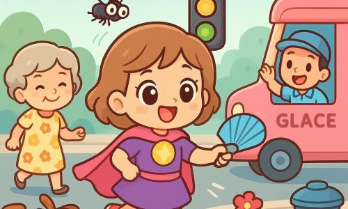 Super Lila, femme joyeuse et malicieuse en cape rose et baskets « pouf pouf », cheveux châtain clair courts, grands yeux brillants et badge lumineux, tient un petit éventail bleu et souffle pour chasser une mouche noire rigolote qui chatouille le bouton du feu au centre d’un carrefour coloré; elle est en mouvement et sourit. À gauche, une mamie d’environ 75 ans en robe à fleurs danse près d’un banc avec un petit chien brun qui remue la queue; au fond à droite, un vendeur de glaces d’environ 40 ans, casquette, lève la main devant un camion rose marqué « glace » en criant « glace ! ». Feux rouges, jaunes et verts ronds, voitures pastel, vélos à sonnette dorée, trottoir avec une fleur rouge et une poubelle bleue. Moment comique : Super Lila éloigne la mouche, les feux reprennent leur ordre et tout le monde rit. Style chibi kawaii, couleurs vives, formes rondes et contours doux, arrière-plan simple et lumineux pour tout-petits.