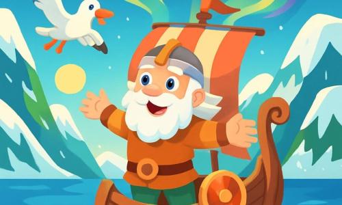Un homme robuste nommé Bjorn, avec une grande barbe blanche et des yeux pétillants de curiosité, se tient sur un drakkar viking, souriant joyeusement les bras ouverts. À ses côtés, une mouette blanche vole en cercle au-dessus du bateau. Le drakkar glisse sur une mer calme, entourée de fjords majestueux aux falaises abruptes recouvertes de neige scintillante sous le soleil d’hiver. Des aurores boréales illuminent la scène de couleurs vives. Bjorn navigue vers une terre inconnue, émerveillé par la beauté de la nature, prêt à vivre une grande aventure.