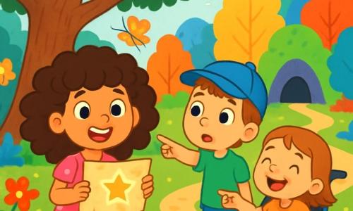 Il y a trois personnages : Zoé, une fille de 8 ans avec de grands cheveux bouclés et une robe rose à pois, tenant une carte brillante et souriant ; Léo, un garçon de 7 ans avec une casquette bleue et un t-shirt vert, pointant le chemin avec curiosité ; et Mila, une fille de 6 ans dans un fauteuil roulant décoré de fleurs, riant joyeusement en regardant ses amis. Ils se tiennent près d'un vieux chêne majestueux, entourés par la Forêt Arc-en-ciel aux couleurs vives, avec un chemin menant à une grotte mystérieuse. Les enfants sont prêts à partir à l'aventure, impatients de découvrir un trésor magique caché dans la forêt.