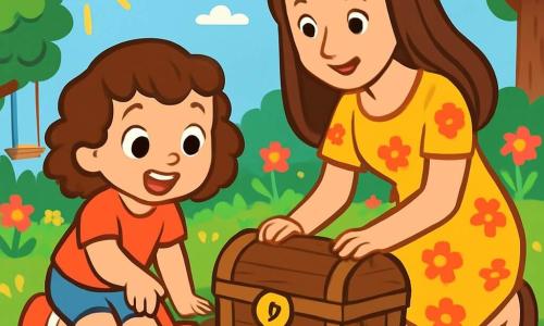 Zoé, une petite fille de 4 ans aux grands yeux brillants et cheveux bouclés châtains, creuse dans un jardin verdoyant avec une petite pelle rouge, affichant un sourire émerveillé. À ses côtés, sa maman, une femme d'une trentaine d'années aux cheveux longs et lisses, vêtue d'une robe fleurie, l'aide à déterrer un coffre ancien, fière et encourageante. Le jardin est coloré avec des fleurs, des arbres aux feuilles vertes et une balançoire en bois, sous un soleil éclatant dans un ciel bleu clair. Zoé est impatiente et heureuse de découvrir le trésor caché dans le vieux coffre en bois avec une serrure dorée.