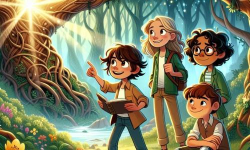 Dans une forêt enchantée, quatre amis aventuriers se tiennent prêts à explorer. Lucas, 12 ans, aux cheveux bruns en bataille et aux yeux curieux, pointe une lumière mystérieuse émanant d'un grand arbre. Emma, avec de longs cheveux blonds tressés et un sourire éclatant, admire la lumière, les bras croisés. Hugo, aux lunettes rondes et cheveux châtains, prend des notes dans son carnet de croquis. Tom, aux cheveux courts et bouclés, avec une prothèse à la jambe, affiche une détermination rayonnante. La forêt est magique, avec des arbres majestueux, des feuilles scintillantes et des fleurs vives. Les amis découvrent un portail lumineux dans le tronc de l'arbre, symbole du début de leur aventure, dans une atmosphère d'excitation et de mystère.