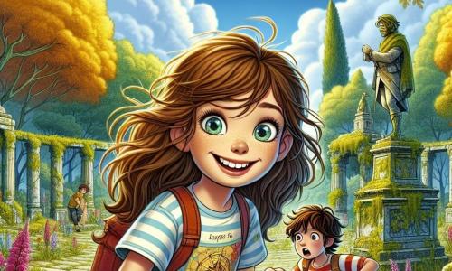 Au centre de l'image, Élise, une fille de 11 ans, sourit espièglement. Elle a de longs cheveux châtain et porte un t-shirt coloré avec un motif de carte au trésor et un short en jean. Elle tient une vieille carte jaunie, prête à explorer. À sa droite, Louis, 12 ans, est penché en avant, concentré, avec des cheveux bruns en bataille, un t-shirt à rayures et un short cargo. Camille, 11 ans, observe la carte, ses cheveux blonds tressés sur l'épaule, vêtue d'une robe à fleurs et de baskets, son regard est excité. Le décor est un parc abandonné avec des arbres aux feuilles dorées, une statue d'explorateur moisie et des fleurs sauvages. Élise, Louis et Camille découvrent une trappe en bois près de la statue, leurs visages illuminés par le soleil, émerveillés et anticipant l'ouverture d'un coffre mystérieux.