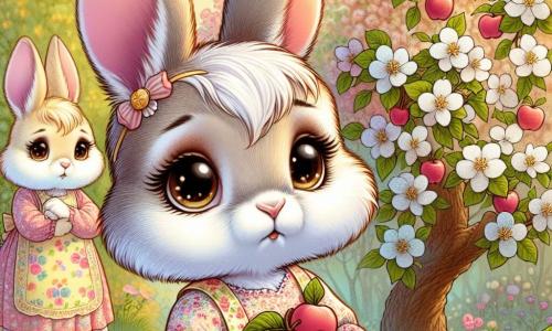 Lili, un petit lapin aux grandes oreilles et au pelage doux, se tient devant un pommier en fleurs, affichant une mélancolie douce et une détermination tranquille. Ses yeux brillants reflètent tristesse et espoir, tandis qu'elle tient une étiquette en bois gravée pour sa grand-mère. Sa maman, une lapine au pelage crème, la regarde avec tendresse, une main sur son épaule, portant un tablier fleuri. Le jardin est baigné de lumière dorée, avec des fleurs colorées et un pommier majestueux couvert de fleurs blanches et roses. La scène montre Lili et sa maman plantant un pommier en mémoire de Mémé Carotte, honorant les souvenirs et célébrant l'amour perdurant après la perte.