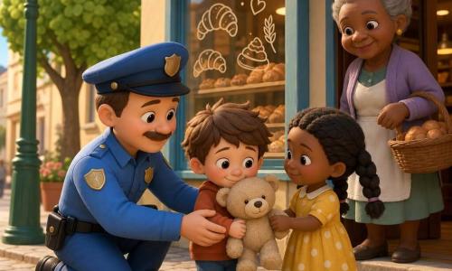 Un policier souriant et bienveillant, visage rond, agenouillé, tend la main pour rendre un doudou à un garçon de 5 ans aux cheveux bruns en bataille qui tient le doudou beige contre sa poitrine et sourit timidement; une fille de 6 ans en robe jaune à pois blancs, tresses, tient une patte du doudou comme si elle venait de le donner et se tient à côté; une dame âgée aux cheveux gris en chignon, panier en osier au bras, sourit depuis la porte de la petite boulangerie derrière eux; la scène se déroule sur un trottoir pavé avec passage piéton blanc, devant une vitrine de boulangerie dessinée, un lampadaire vert et un arbre à feuilles rondes; lumière matinale douce, couleurs pastel, ombres légères, ambiance chaleureuse et rassurante.