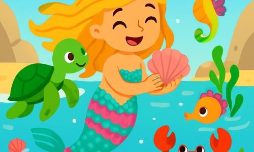 Naya, une petite sirène aux écailles turquoise et rose, nage joyeusement dans une eau claire, souriante. Ses longs cheveux dorés flottent autour d'elle et elle admire une coquille Saint-Jacques. Lulu, une tortue à la carapace verte, flotte paisiblement à ses côtés, curieuse. Pic, un hippocampe coloré, observe la scène, tandis que Pince, un crabe rouge, explore le sable. Ils se trouvent dans une crique ensoleillée, entourée de rochers et de sable doré, avec des vagues douces et un ciel bleu parsemé de nuages. Naya et ses amis découvrent des trésors marins sur la plage, s'émerveillant des coquillages et partageant des rires sous le soleil d'été.