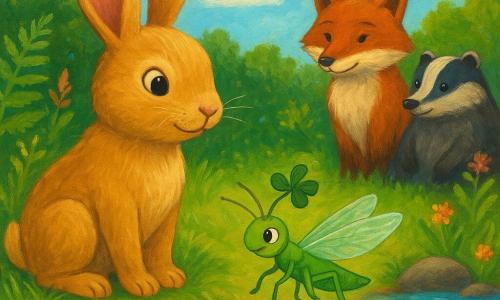 Un lapin au pelage couleur biscuit doré, nommé Biscotte, se tient au bord d'un ruisseau scintillant. Ses grandes oreilles sont dressées, et ses yeux pétillent de curiosité et de détermination. À côté de lui, une sauterelle verte nommée Léonie, avec des ailes fines comme du papier de soie et un chapeau de trèfle, saute joyeusement sur une pierre. En arrière-plan, un vieux renard roux et un blaireau dodu se tiennent côte à côte, observant la scène avec un air de réconciliation. La clairière est baignée de lumière douce, entourée de fougères vertes et de fleurs sauvages colorées. La situation principale montre Biscotte et Léonie organisant un festin de paix au bord du ruisseau, où les animaux de la forêt se rassemblent pour partager et écouter, sous un ciel bleu parsemé de nuages cotonneux.