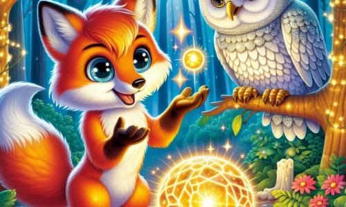 Un renard magique nommé Flamme, au pelage orange vif et aux yeux pétillants, se tient au centre de la scène, émerveillé, tenant une sphère scintillante émettant une douce lumière dorée. À ses côtés, un hibou sage aux plumes argentées et portant des lunettes en cristal, observe Flamme avec fierté, perché sur une branche. Le décor est une forêt luminescente, ornée de feuilles brillantes et de fleurs colorées, créant une atmosphère féerique. La lumière douce du matin filtre à travers les branches, projetant des ombres dansantes. Flamme découvre la sphère magique, prêt pour une aventure extraordinaire, tandis qu'Arko, le hibou, lui offre des conseils sur sa quête.