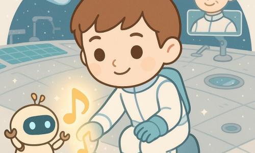 Axel, un garçon au visage rond et souriant, cheveux châtain courts et yeux noisette, en combinaison spatiale blanche à détails bleus, est accroupi devant une petite boîte musicale brillante qu’il vient d’ouvrir ; sa main effleure une plaque de cristal et une note lumineuse s’élève. À sa gauche, Mélo, un petit robot rond en métal crème sur chenilles aux yeux LED bleus, accueille la note en levant ses bras articulés. En arrière-plan à droite, la capitaine Irina, quarantaine aux cheveux gris tressés en chignon, sourit depuis un écran holographique au poignet. Le tout se passe sur la plateforme Cometis-4, vaste disque métallique clair aux panneaux solaires turquoise, bras mécaniques et sols givrés, avec des hublots montrant une comète bleue et argentée : un instant silencieux et lumineux où la note filante et l’atmosphère paisible traduisent un calme triomphant.