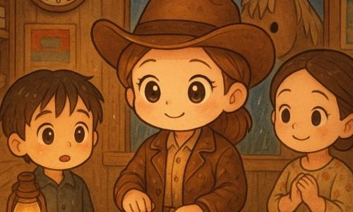 Maeve, une cow‑girl au chapeau stetson brun et veste en cuir usée, scelle avec calme et détermination une lettre avec un sceau de cire rouge sur le comptoir en bois; un garçon d'environ 12 ans, cheveux mouillés, tient une petite lanterne à sa gauche et l'observe avec admiration, Miss Lila, enseignante d'une trentaine d'années en robe simple à fleurs, se tient à droite, souriante et les mains jointes, et derrière eux on aperçoit par la fenêtre ouverte le cheval Pamplemousse, museau large et crinière ébouriffée; lieu : petit bureau de poste de village en bois, lampes à pétrole chaudes, étagères d'enveloppes, affiches colorées et grande horloge indiquant presque minuit, pluie dehors; ambiance intime et chaleureuse, solidarité, détails texturés et style aux traits arrondis type chibi.