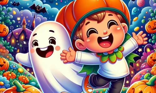 Léo, un garçon de 4 ans déguisé en citrouille avec un grand sourire, saute de joie dans un jardin magique rempli de lumières scintillantes et de citrouilles souriantes. À ses côtés, Zozo, un petit fantôme flottant avec un drap blanc, lui tend la main. Le jardin est coloré, avec des fleurs, des lanternes et des chauves-souris dans le ciel étoilé. Léo et Zozo rient et jouent parmi des bonbons, créant une atmosphère festive et enchantée.