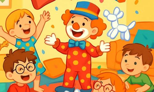 Quatre enfants jouent dans un salon coloré : Léo, 7 ans, avec des cheveux bruns en bataille et des lunettes rondes, est assis sur le tapis en riant ; Mia, 6 ans, avec des cheveux blonds tressés et une robe à fleurs, essaie d'attraper un coussin volant ; Tim, 7 ans, avec des cheveux châtains et un t-shirt vert, est accroupi prêt à lancer un coussin ; Zoé, 6 ans, avec des cheveux roux et des lunettes en cœur, est allongée sur le tapis en riant en regardant un chien en ballon. Le salon est chaleureux, avec des murs jaunes pastel, des coussins multicolores et une lumière douce. Les enfants s'amusent avec Bibi le clown, qui jongle et fait apparaître un petit chien en ballon, créant une scène joyeuse et magique.