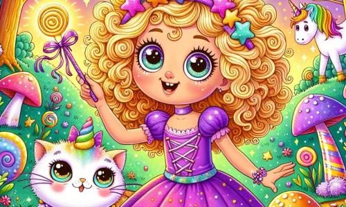 Mireille, une fille de 10 ans aux cheveux bouclés et dorés, porte une robe violette ornée d'étoiles. Elle a des yeux curieux et un sourire espiègle, tenant une baguette tordue, prête à lancer un sort. À ses côtés, Chiffon, un chat avec une queue de poisson scintillante, se tient sur ses pattes arrière. En arrière-plan, une forêt enchantée avec des arbres aux feuilles en bonbons et des champignons souriants crée une ambiance magique. Mireille essaie de faire rire une licorne à crinière arc-en-ciel, qui les observe avec amusement. La scène est colorée et ludique, reflétant une aventure magique et humoristique.