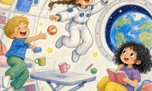 Lila, une astronaute souriante aux cheveux bruns en tresse et vêtue d'une combinaison blanche, attrape un petit jouet étoile; Tom, garçon d'environ 8 ans aux cheveux blonds, rit en lançant une balle flottante; Mia, fille d'environ 7 ans aux cheveux bouclés noirs, tient un carnet et contemple les étoiles près d'un hublot; l'intérieur de la fusée est cosy et lumineux avec parois blanches, rangements colorés, une table pliante et un grand hublot montrant la Terre et les étoiles; la scène montre les trois amis jouant avec des objets en apesanteur, dans une ambiance chaleureuse aux couleurs pastel et aux traits de crayon visibles.