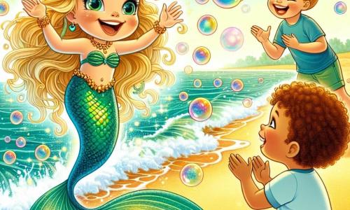 Une petite sirène nommée Lila, avec de longs cheveux dorés et une queue verte scintillante, danse joyeusement dans l'eau, entourée de bulles colorées. Un garçon de 7 ans, assis sur le sable doré, rit en la regardant, tandis qu'une fille de 6 ans applaudit avec émerveillement. La scène se déroule sur une plage ensoleillée avec un sable doux et des vagues scintillantes. Lila montre aux enfants comment faire des bulles géantes, créant une atmosphère de bonheur et d'amitié.