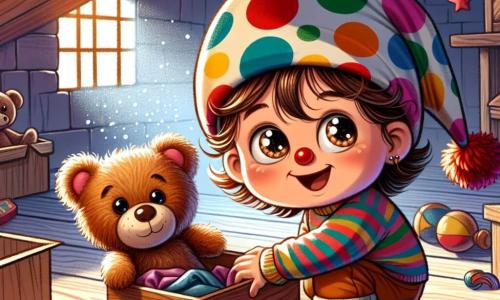 Une petite fille de 2 ans, Lily, avec de grands yeux brillants et un sourire curieux, porte un chapeau à pois multicolores. Agenouillée, elle fouille dans une boîte en bois avec détermination. À ses côtés, son doudou Nino, un ours en peluche usé, la regarde avec tendresse. Le grenier est rempli de vieilles boîtes, de jouets colorés et de rayons de lumière filtrant à travers une fenêtre poussiéreuse. Lily cherche avec enthousiasme la couverture douce de Nino, prête à explorer chaque recoin pour retrouver son précieux objet.
