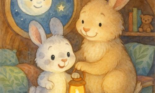 Un petit lapin blanc tacheté de gris, aux oreilles rondes et grosses pattes, tient une lanterne jaune diffusant une lumière chaude et douce ; derrière lui, sa maman lapin beige au pelage duveteux, posant une patte sur son épaule, le rassure en souriant. La lune souriante argentée apparaît dans une fenêtre ronde avec deux étoiles scintillantes à proximité. L'intérieur du terrier cosy présente des murs en bois courbé, un tapis en laine pastel, couvertures à motifs de feuilles et petites étagères avec livres et peluches ; la lanterne crée des ombres rondes et chaleureuses qui contrastent avec la lueur froide de la lune, rendant la nuit douce pendant que le petit explore la pièce en confiance.