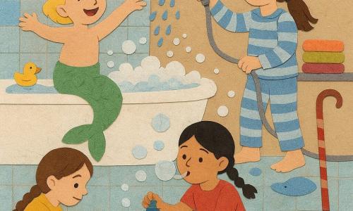 Quatre filles dans une petite salle de bain carrelée blanche et bleue : Lola (10 ans, queue de cheval châtain, pyjama rayé bleu et blanc) debout au bord de la baignoire à droite tenant un pommeau qui envoie des gouttes, Lucie (7 ans, cheveux blonds courts) perchée à gauche sur le rebord avec une serviette verte en queue de sirène, bras levés et air rêveur, Anaëlle (9 ans, tresse brune, sweat jaune) accroupie devant la baignoire en train de construire une petite île en LEGO rouges et verts, concentrée mais souriante, et Chloé (8 ans, couettes noires, chaussettes multicolores) assise au centre sur le carrelage soufflant des bulles avec un flacon de shampoing; grande baignoire blanche remplie d'eau tiède et de mousse, tapis mouillé, serviettes colorées, canards en plastique, dauphin bleu et savon poisson rose, éclaboussures et flaques d'eau, jouets flottants et briques qui s'effondrent, ambiance joyeuse et chaleureuse aux couleurs vives avec effet découpage papier artisanal.