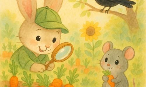Un petit lapin détective beige nommé Léo, grandes oreilles roses et casquette verte, tient une loupe en souriant au-dessus d'un tas de carottes orange vif; à sa droite, une petite souris grise timide serre une carotte près d'une pierre basse; au-dessus, un merle noir, Titi, perché sur une branche observe malicieusement; jardin coloré avec rangées de carottes, tournesols, petit tas de cailloux, terre brune et sentiers clairs; découverte douce et amicale au matin doré, expressions complices; style aquarelle tendre, couleurs pastel vives, contours doux, composition centrée, ambiance joyeuse et calme.