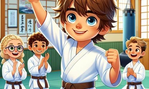 Un garçon de 8 ans, Lucas, avec des cheveux bruns en bataille et des yeux déterminés, porte un kimono blanc et une ceinture bleue. Il se tient au centre d'un dojo, bras levés en signe de victoire, avec un grand sourire. À sa droite, Emma, 8 ans, cheveux blonds tressés et lunettes, applaudit avec fierté. À sa gauche, Max, 9 ans, cheveux châtains, fait un geste de célébration. Le dojo, lumineux, a des tatamis verts, des murs en bois et des lanternes japonaises, créant une ambiance chaleureuse. Lucas, Emma et Max célèbrent leur victoire après une démonstration de karaté, entourés de camarades et de parents applaudissant, remplis de joie.