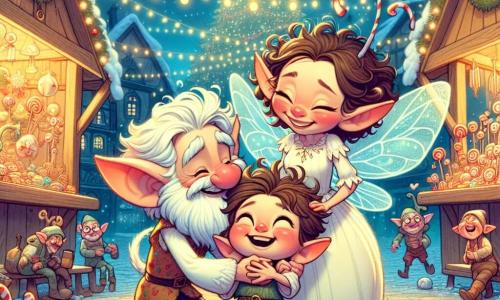 Filou, un lutin aux grandes oreilles pointues et à la queue frisée, est au centre de l'image, rayonnant de joie en serrant sa famille. Sa mère, une fée avec des ailes scintillantes et une robe en pétales, sourit tendrement, tandis que son père, un lutin costaud à la barbe blanche et au chapeau de Noël, rit à ses côtés. Le décor est un marché de Noël féerique à Floconville, avec des étals colorés de jouets en bois, de bonbons et de lanternes, sous un ciel étoilé et une douce neige. Un grand sapin décoré brille au fond, créant une ambiance festive. La scène illustre le moment magique où Filou retrouve sa famille, célébrant ensemble l'esprit de Noël.