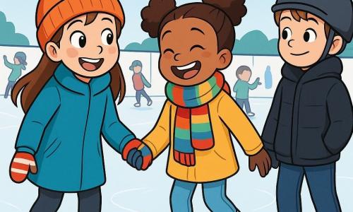 Léna, une fille de 10 ans aux longs cheveux bruns et joues roses, se tient sur une patinoire avec un grand sourire. Elle porte un manteau bleu vif, un bonnet en laine et des gants rayés. À ses côtés, Nour, également âgée de 10 ans avec des cheveux frisés en couettes, rit en lui tenant la main, vêtue d'une écharpe colorée et de patins à glace. Un peu plus loin, Hugo, un garçon de 10 ans en grosse veste noire et casque, les observe avec un sourire. La patinoire, entourée de murs blancs et de guirlandes colorées, est animée par des enfants qui patinent joyeusement. L'ambiance est festive et chaleureuse, alors que Léna et ses amis s'apprêtent à montrer une chorégraphie sur la glace.