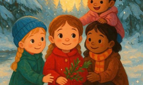 Quatre amies forment une petite pyramide humaine dans une forêt enneigée au crépuscule pour cueillir une branche décorée d’un grand sapin ancien : Clara, 6 ans, cheveux châtain clair en couette, manteau rouge à boutons dorés, au centre, sourire rêveur ; Léa, 6 ans, cheveux blonds tressés, gros bonnet bleu et manteau vert, à gauche, tend la main ; Émilie, 6 ans, cheveux bruns courts, écharpe rayée jaune et orange, manteau marron, accroupie à la base ; Zoé, 5 ans, la plus petite, cheveux noirs en couettes, manteau rose pâle, perchée sur les épaules d’Émilie à droite, touchant la branche avec joie ; décor de sapins hauts couverts de neige poudreuse, sol empreint de pas d’enfants, rivière gelée à gauche, lumière dorée filtrant entre les branches, flocons tombant, souffle de vapeur visible, ambiance chaleureuse et magique, rendu en gouache aux couleurs douces et contrastes chauds (rouge, vert, or) sur le blanc froid de la neige.