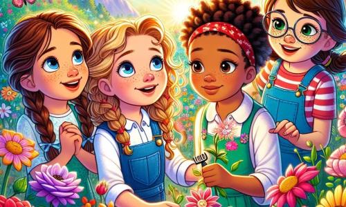 Quatre amies d'environ 10 ans se tiennent dans un jardin féerique. Clara, aux cheveux bruns bouclés, admire les fleurs colorées. Émilie, avec des cheveux blonds tressés et des lunettes, est prête à jardiner. Sarah, aux cheveux châtains et aux taches de rousseur, observe une fleur avec curiosité. Lila, courageuse avec ses cheveux noirs et un bandeau rouge, touche une fleur scintillante. Le jardin est magique, rempli de fleurs éclatantes et de papillons, avec des montagnes en arrière-plan. Les filles chantent pour faire pousser les fleurs, créant une scène joyeuse et dynamique.